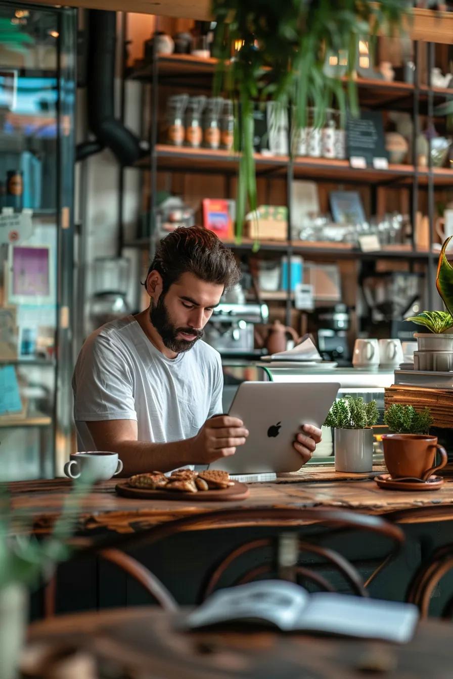 Small business owner in a café planning local marketing and tracking results