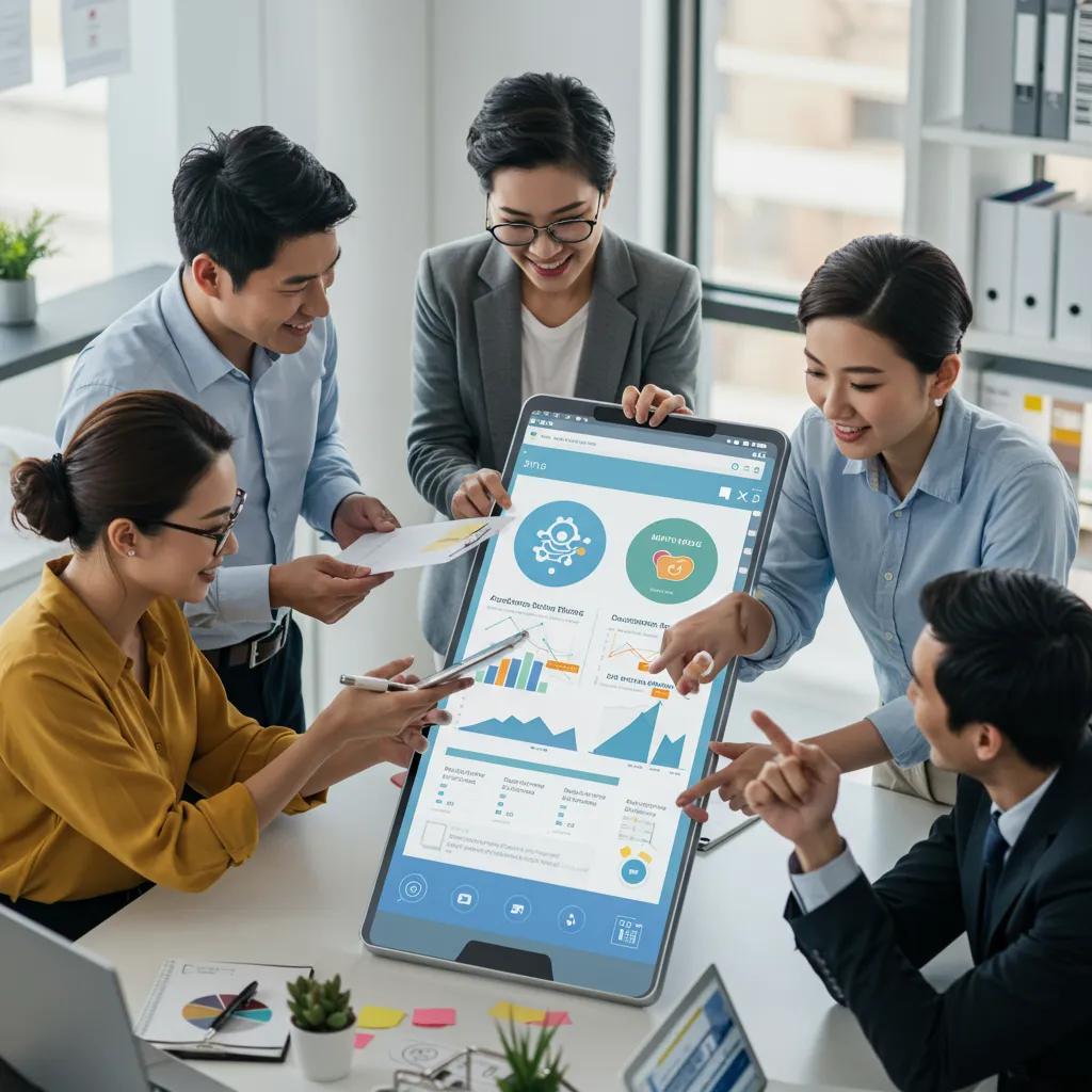 Diverse business professionals collaborating on digital marketing strategies in a modern office