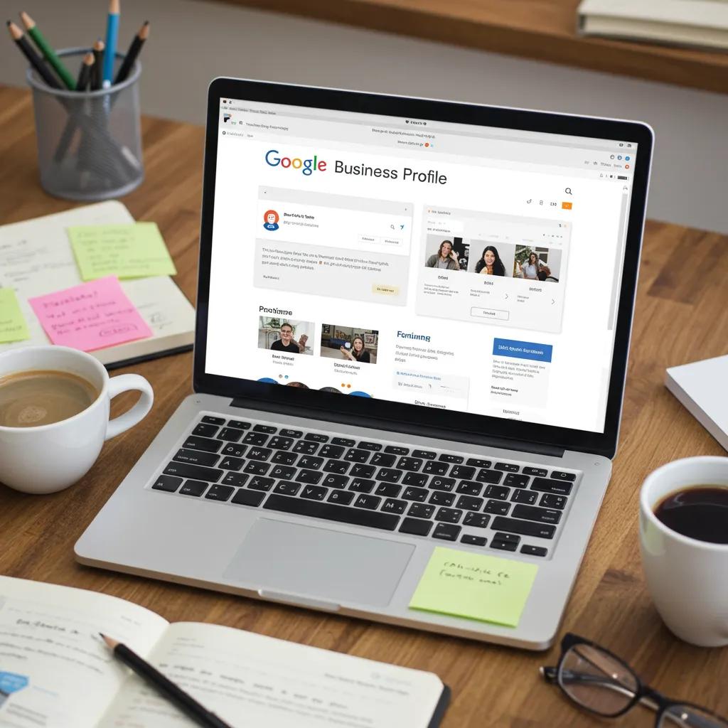A laptop displaying the Google Business Profile interface, highlighting key optimization strategies for superior local SEO