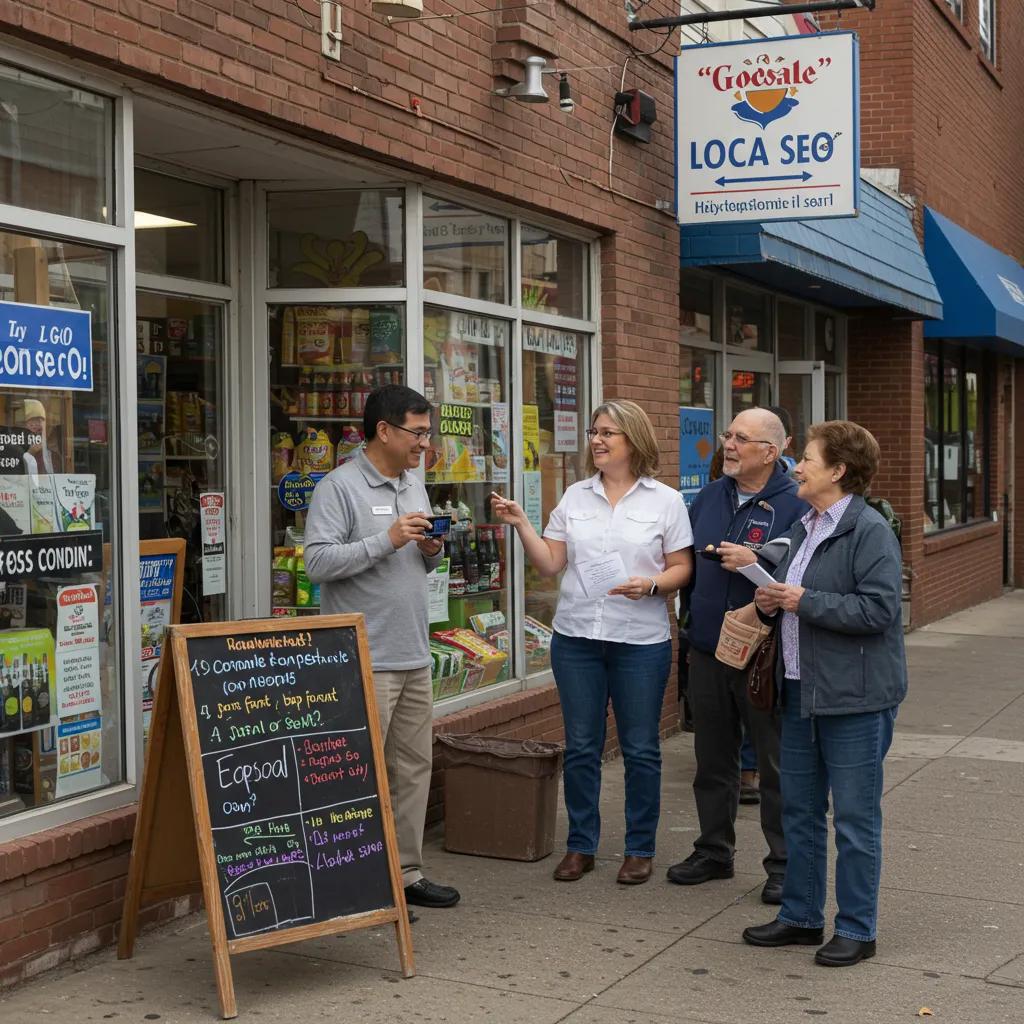 Small business owner engaging with customers in a vibrant local setting, highlighting community connection and local SEO