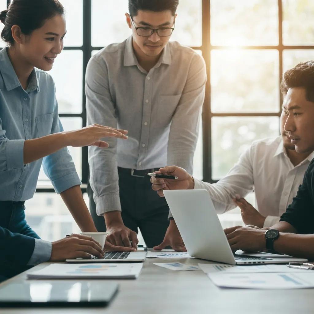Team collaborating on SEO strategies in a modern office setting