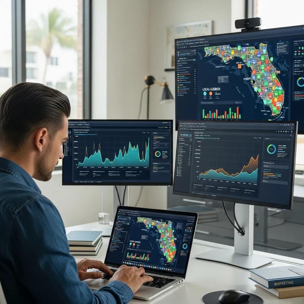 Marketer reviewing local SEO data and neighborhood keywords for South Florida