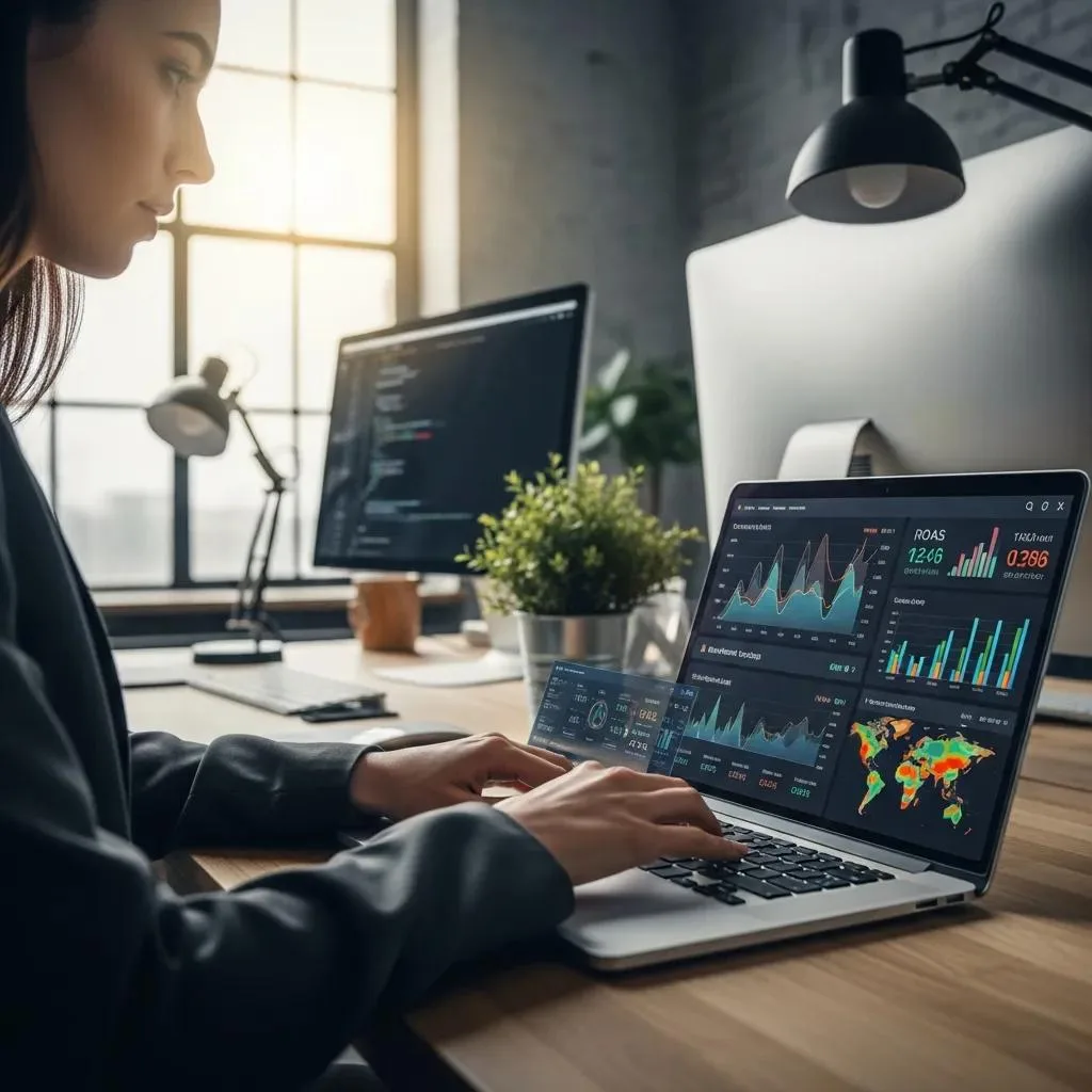 Marketing analyst reviewing live campaign metrics for real-time paid media optimization