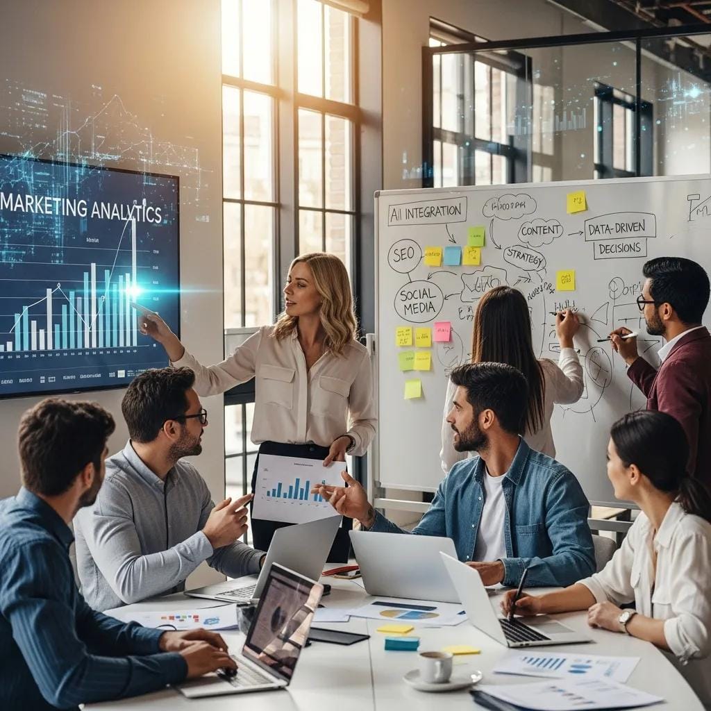 Digital marketing team collaborating on AI strategies, analyzing marketing analytics on a screen, discussing data-driven decisions, and brainstorming with charts and notes in a modern office setting.