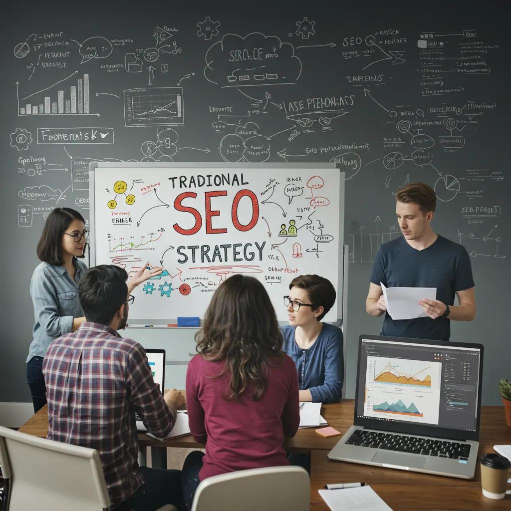 Digital marketing team collaborating on traditional SEO strategies in a modern office