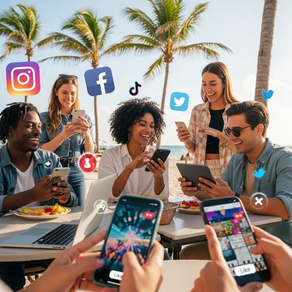 Diverse group engaging with social media in a lively South Florida setting