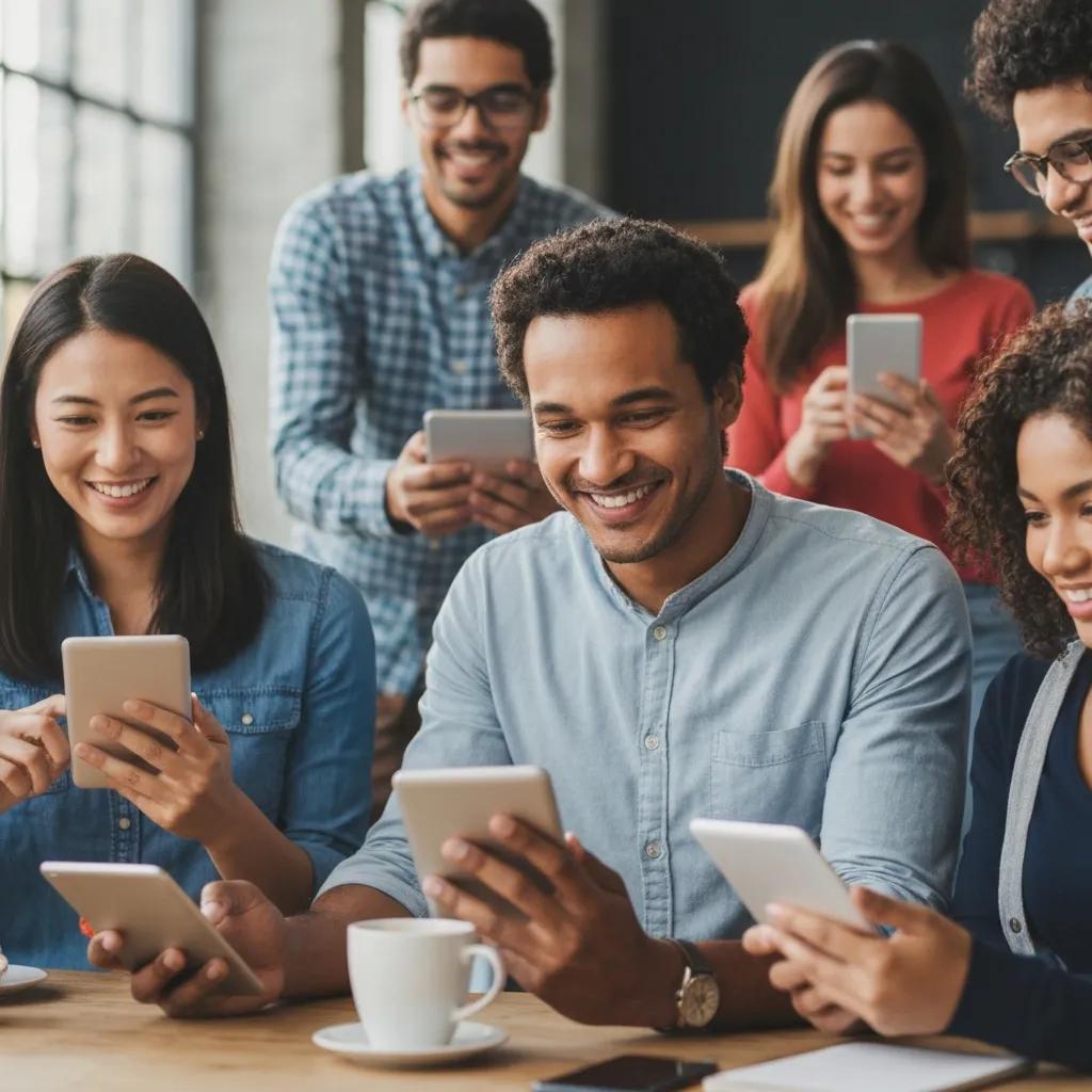 Diverse group of people engaging with social media on devices in a lively coffee shop, illustrating social media management strategies for local businesses in St. Lucie and Martin counties.