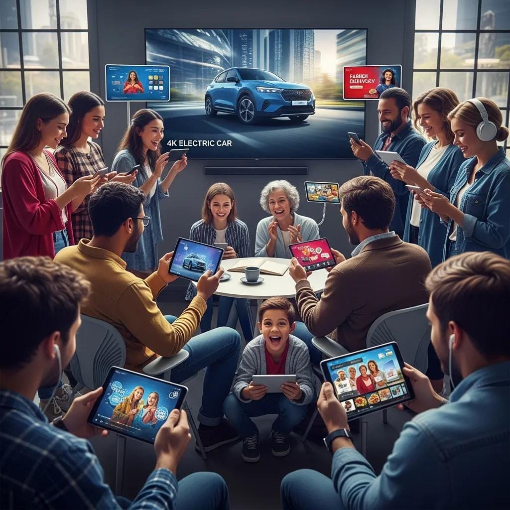 Diverse group of people engaging with video advertisements on multiple devices, showcasing the significance of video advertising in 2025, featuring a 4K electric car on a screen.