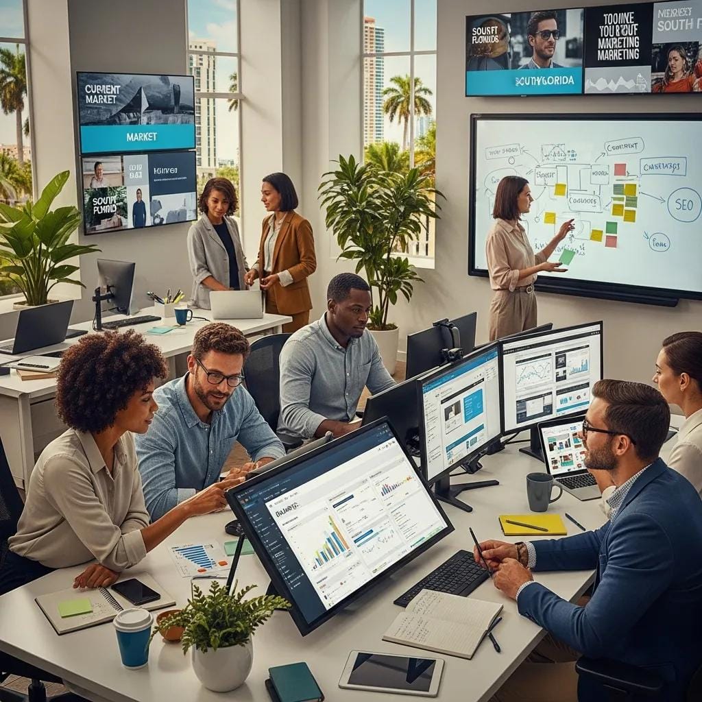 Diverse professionals collaborating in a modern office, representing digital marketing strategies in South Florida