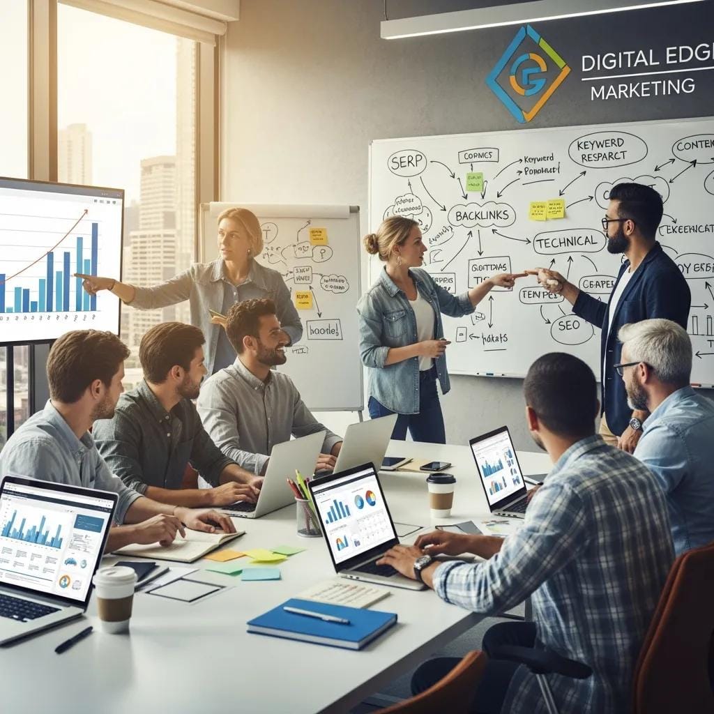 Diverse professionals collaborating on SEO strategies in a modern office setting