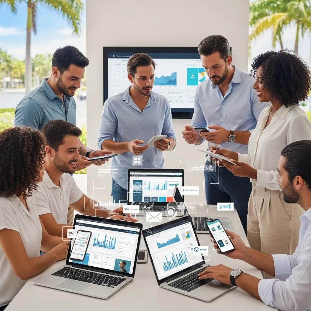 Diverse group of small business owners in South Florida collaborating on AI-driven digital marketing strategies, analyzing data on laptops and smartphones, with a focus on local SEO and marketing optimization.