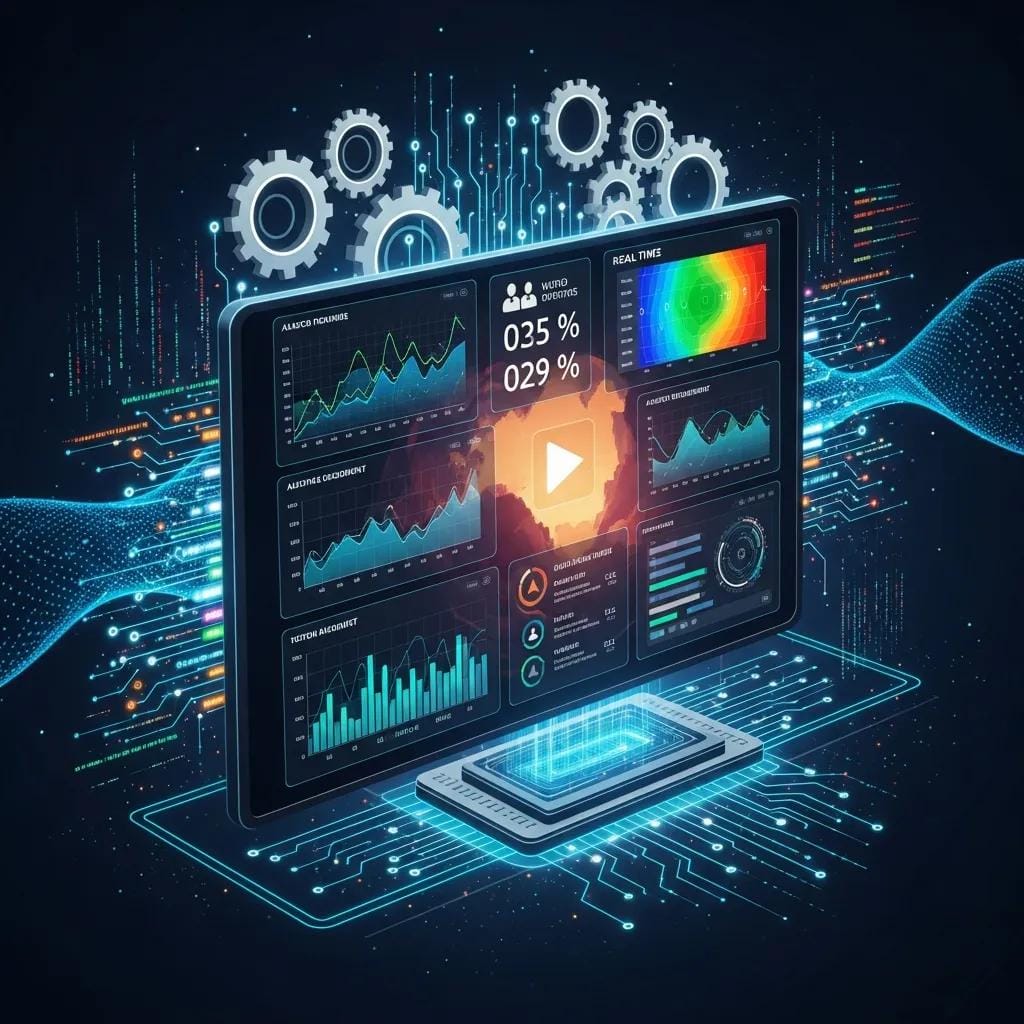 Futuristic representation of AI technology optimizing video advertising campaigns with analytics and data visualization