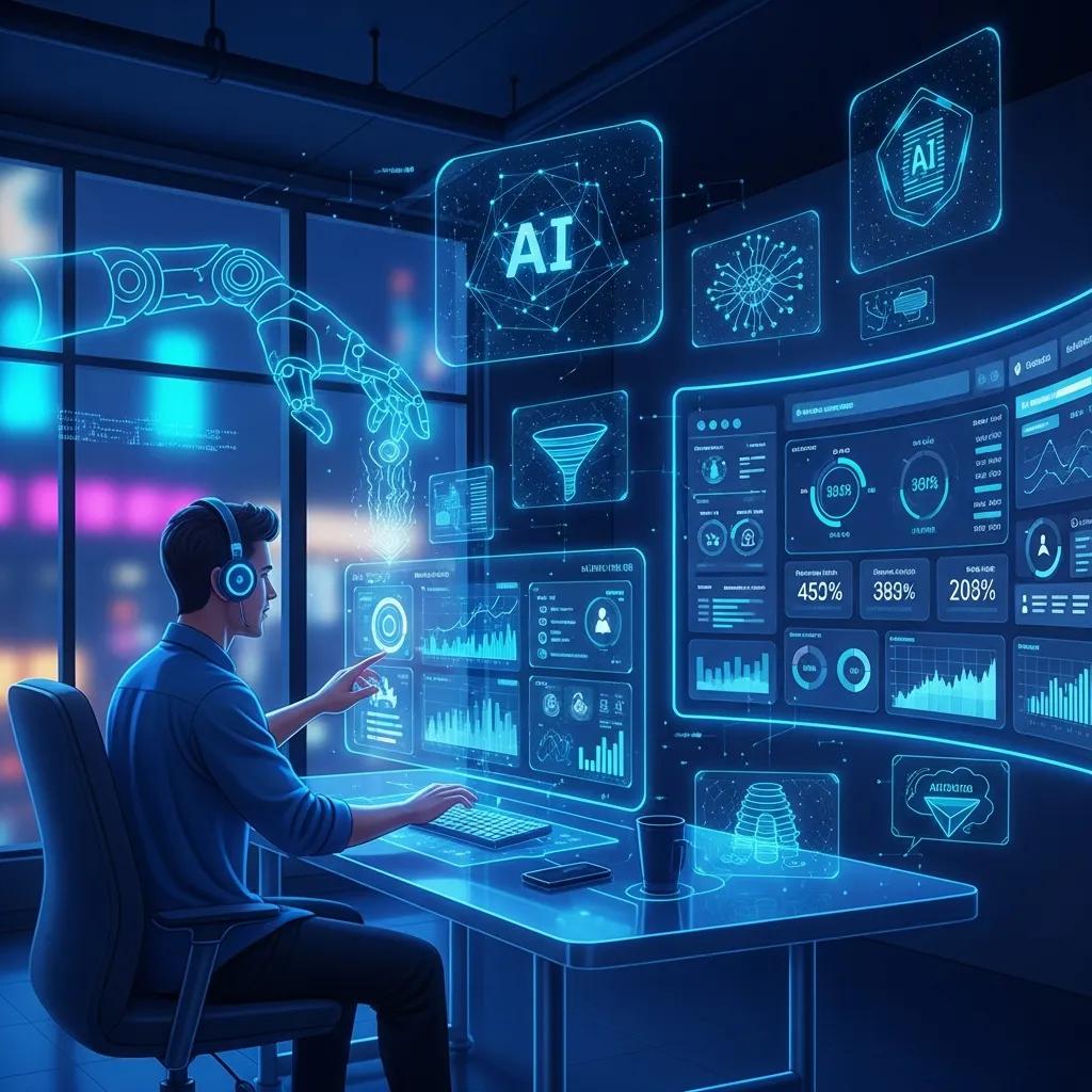 Futuristic workspace featuring a person interacting with an AI technology interface, showcasing digital marketing analytics, data analysis dashboards, and predictive analytics tools.