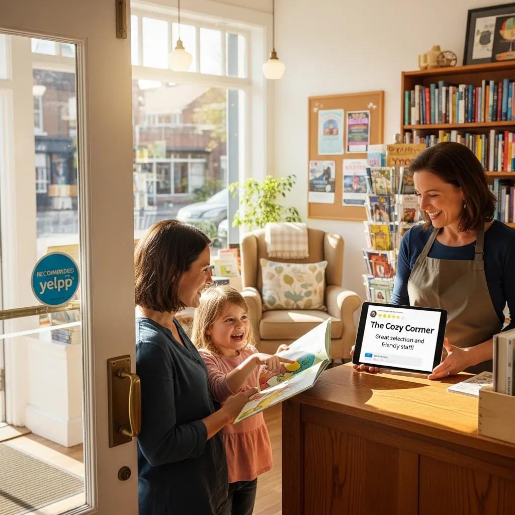 Mother and daughter engaging with a friendly store owner, showcasing a positive customer experience and online reputation management through a tablet displaying reviews in a cozy local business setting.