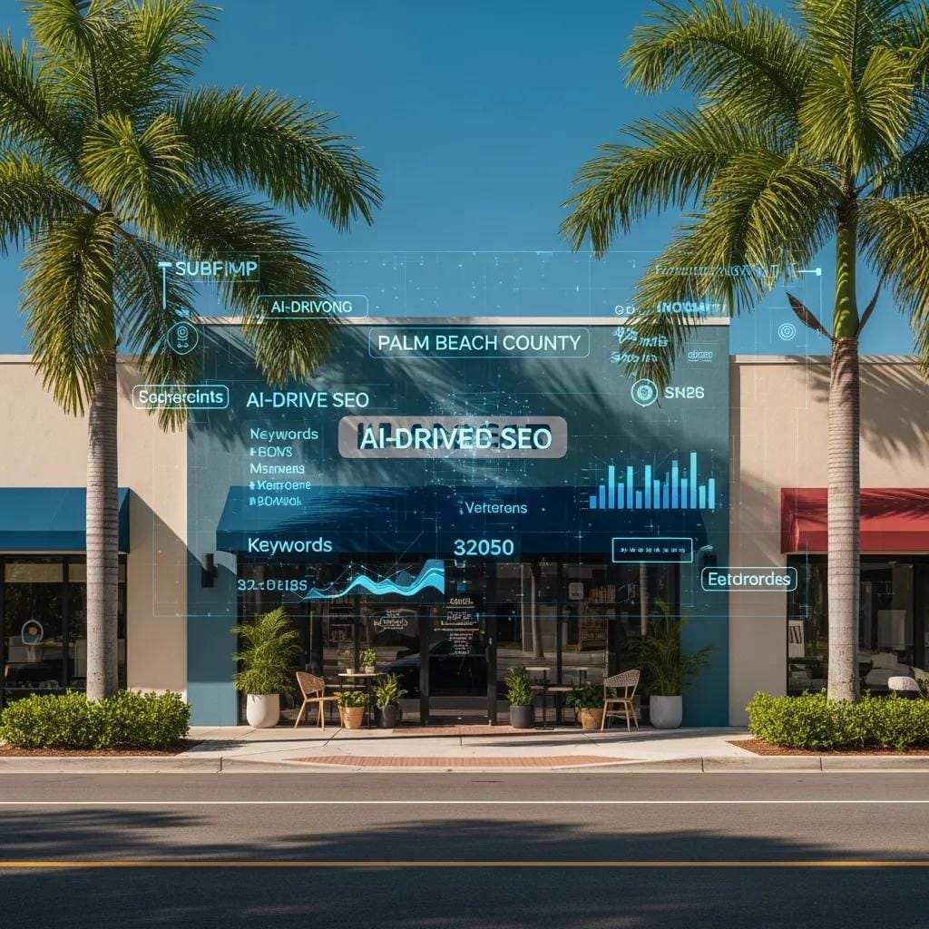 Palm Beach storefront annotated with AI-enhanced local SEO elements