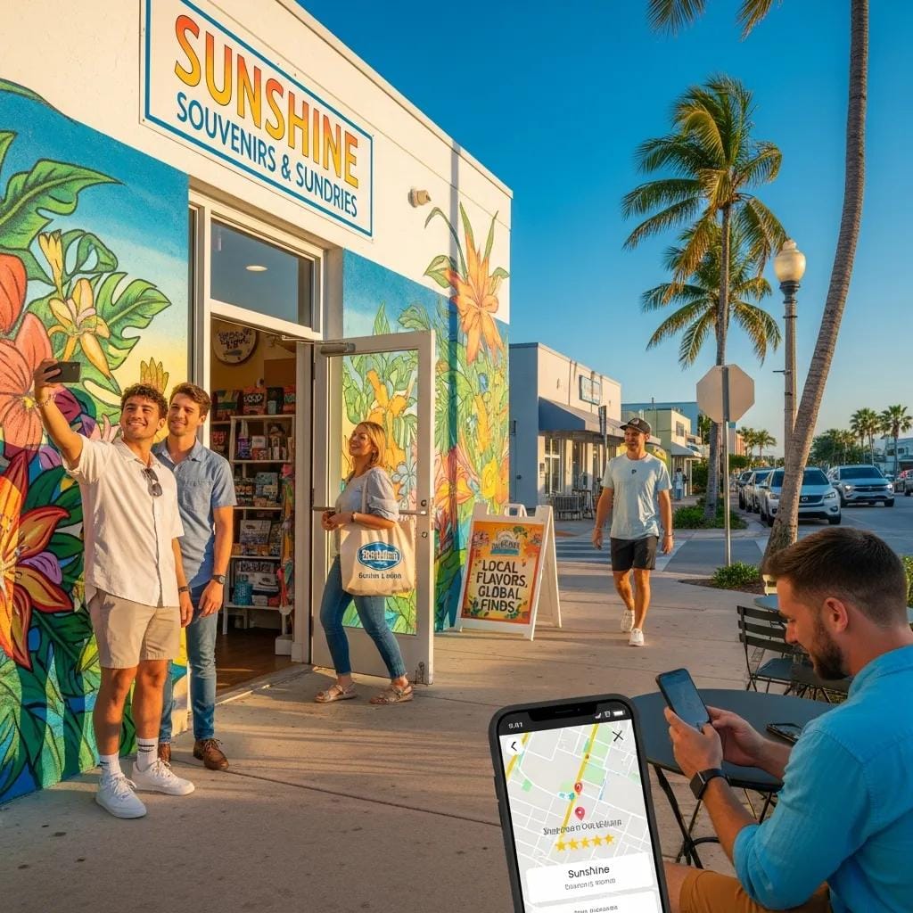 Local business storefront in South Florida with people engaging and local SEO elements
