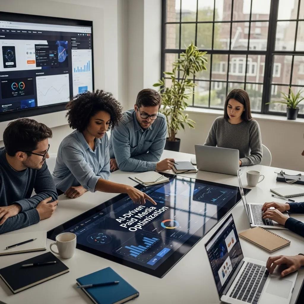 Marketers collaborating in a modern office, analyzing AI-driven paid media optimization data on a touchscreen display, with laptops and notebooks on the table.