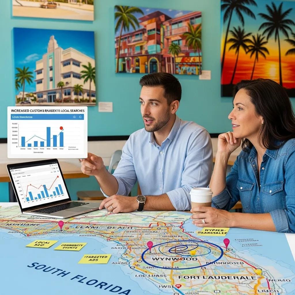 Marketing professional discussing strategies with local business owner in South Florida, emphasizing local market expertise