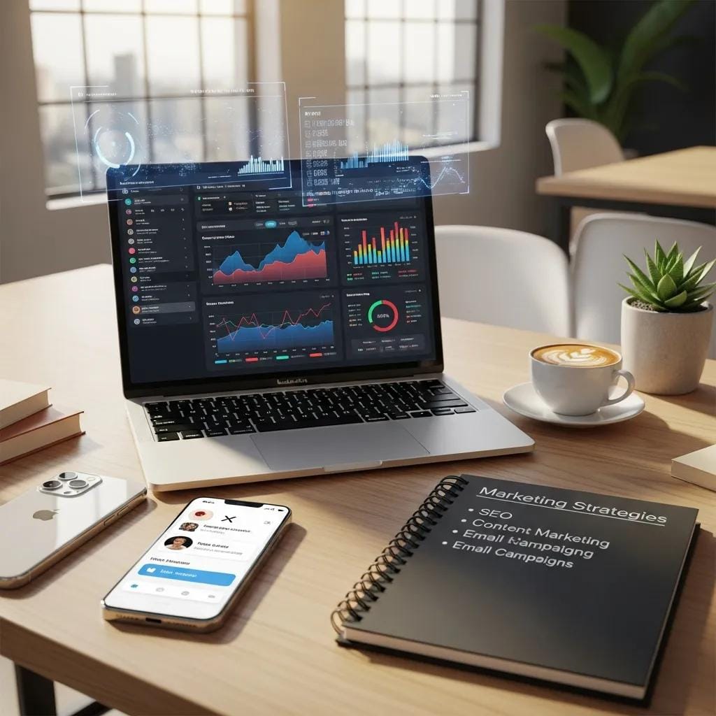 Modern digital marketing workspace with laptop displaying AI analytics, smartphone with social media interface, and notebook listing marketing strategies like SEO and email campaigns, set in a bright office environment.
