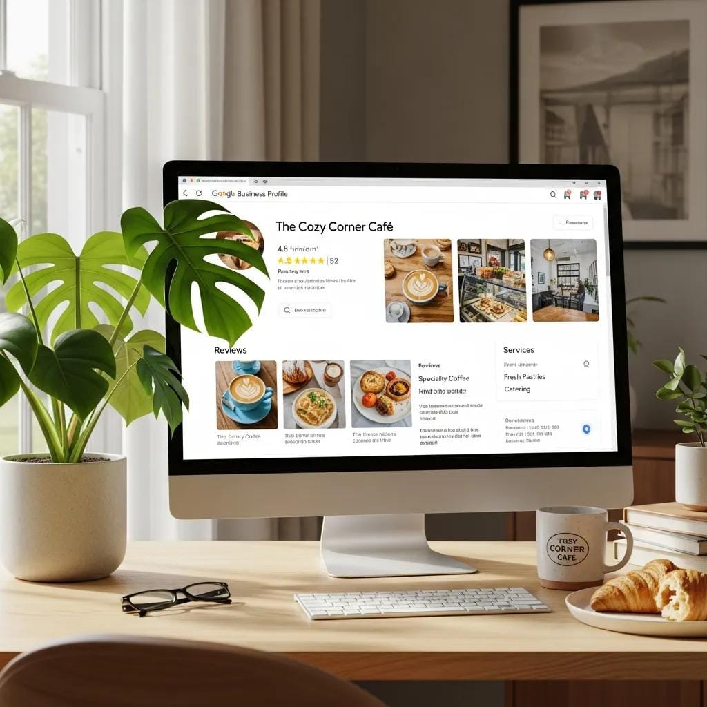 Google Business Profile example on a screen showing photos and reviews
