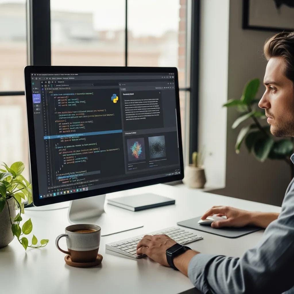 Person engaged in prompt engineering, coding on computer screen with AI-generated content, showcasing programming and digital marketing strategies in a modern workspace.