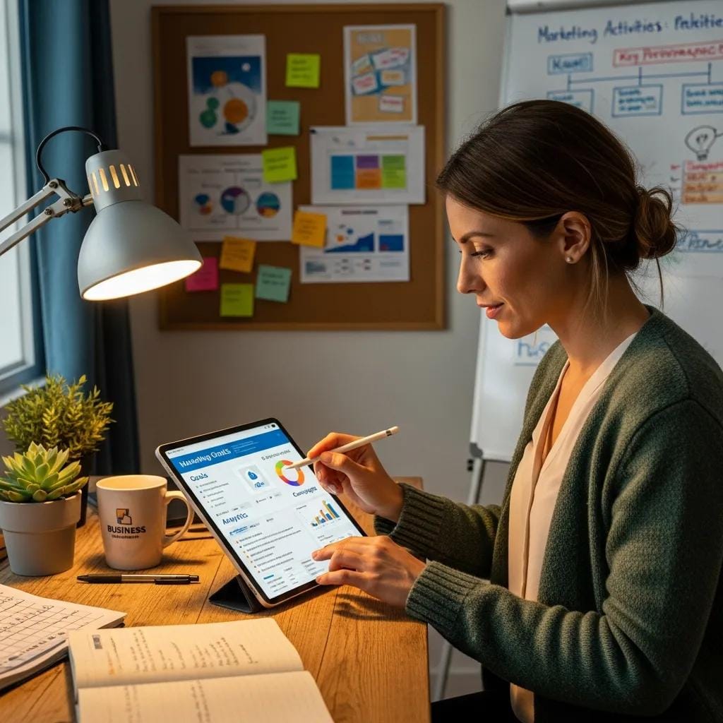 Small business owner reviewing marketing goals and budget on a digital tablet in a cozy workspace