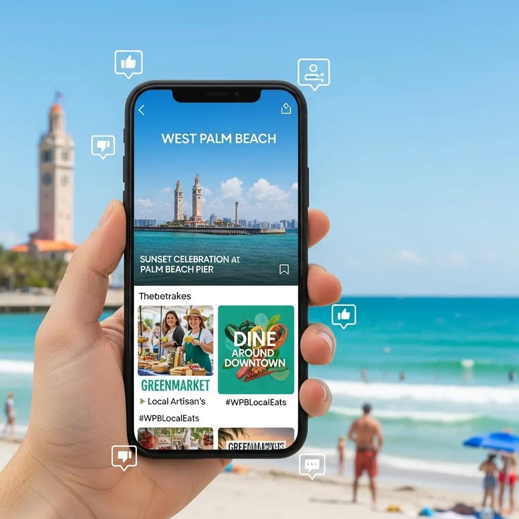 Smartphone displaying social media content promoting local West Palm Beach events and businesses
