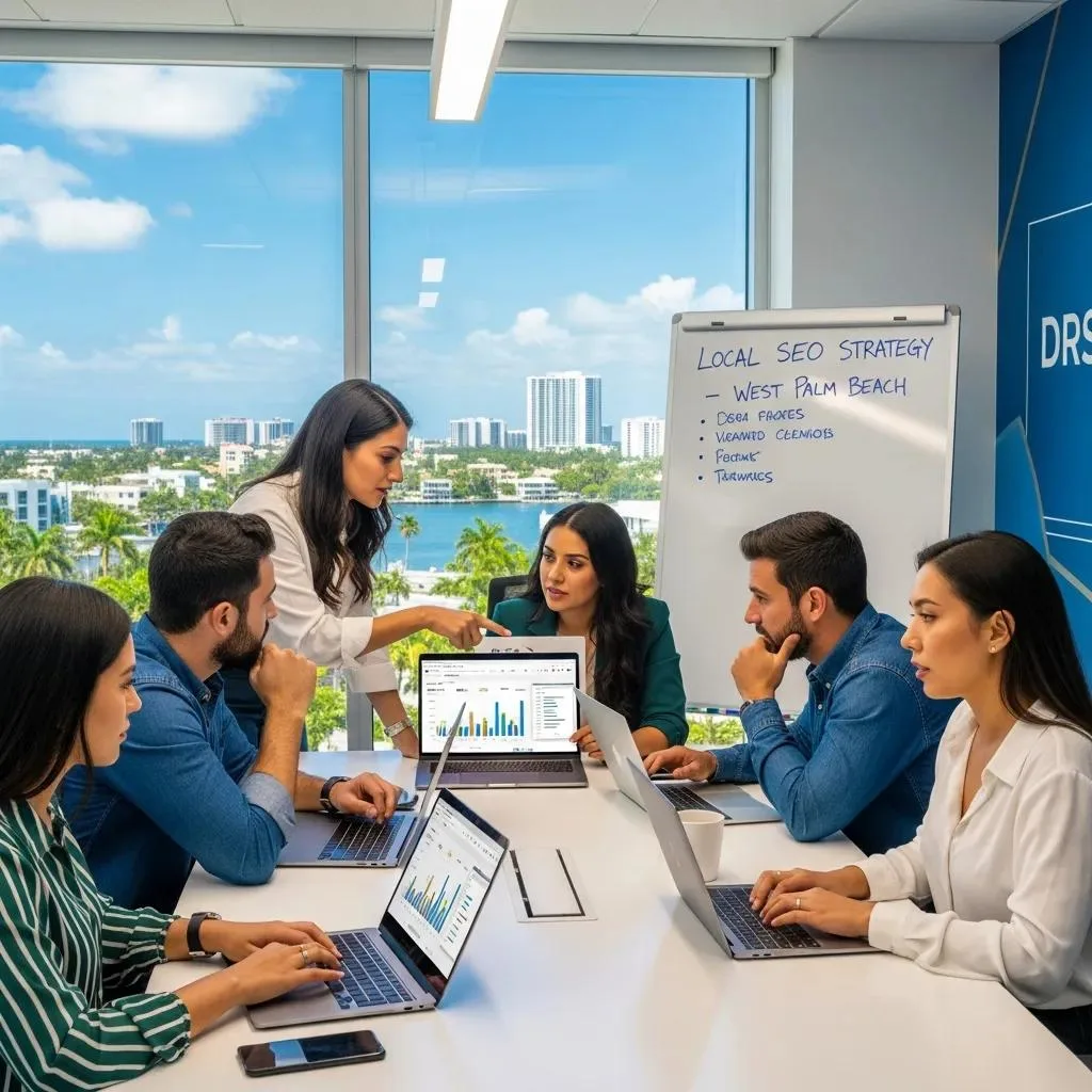 Team of digital marketers collaborating on local SEO strategies in a modern office