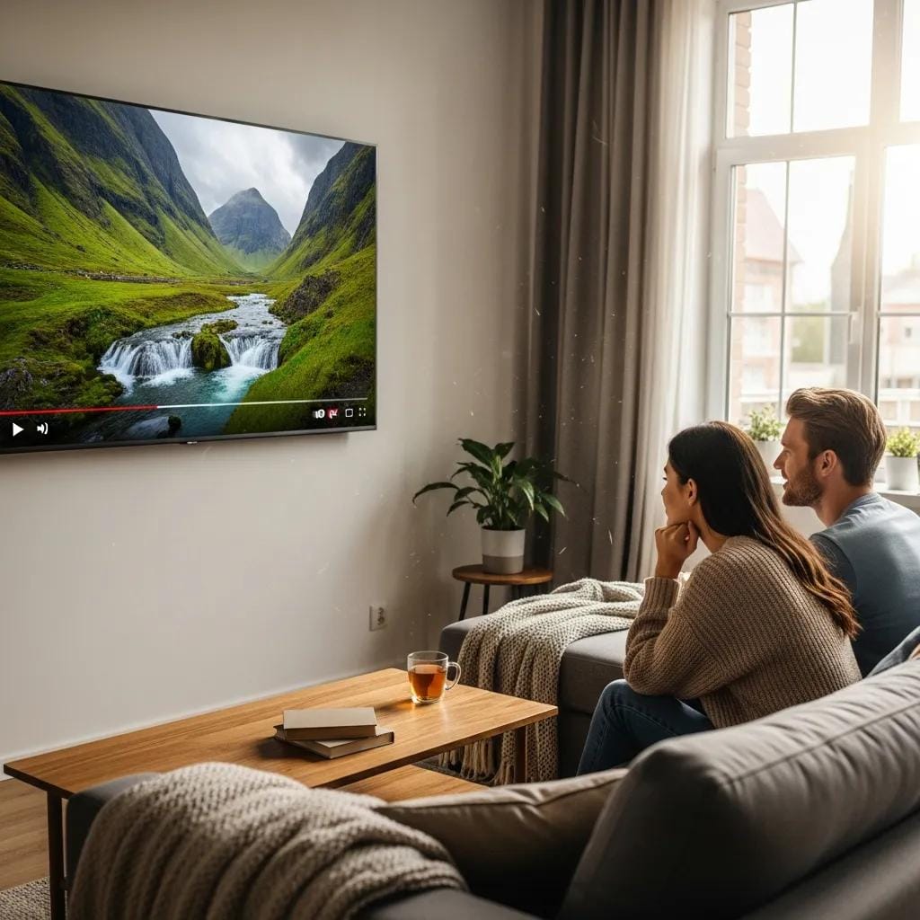 Viewers engaged with a pre-roll video ad in a cozy living room, demonstrating the effectiveness of pre-roll advertising