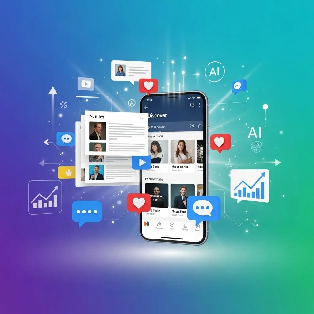 Smartphone displaying Google Discover interface with digital elements, social media icons, AI symbols, and performance metrics, representing AI-driven content optimization strategies for enhanced visibility and engagement.