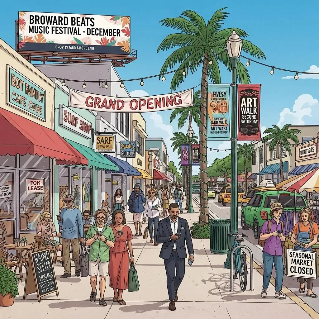 Broward County streets and storefronts showing neighborhood variety and seasonal tourism