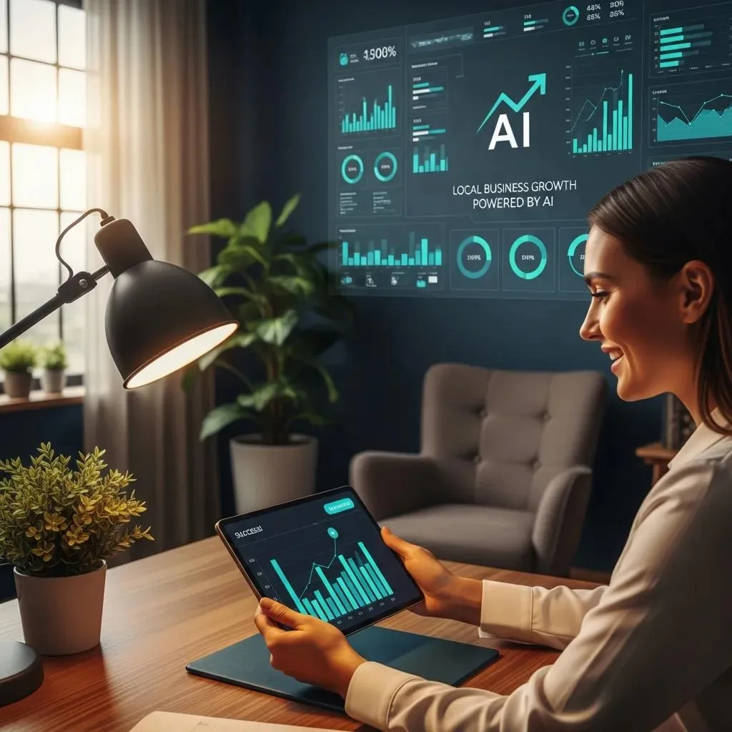 Local business owner reviewing AI-driven marketing results on a tablet