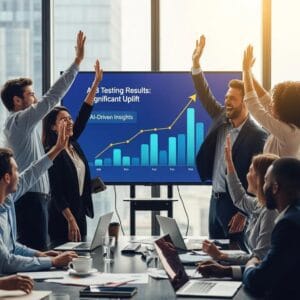 Local business team reviewing AI-driven A/B testing outcomes in a meeting