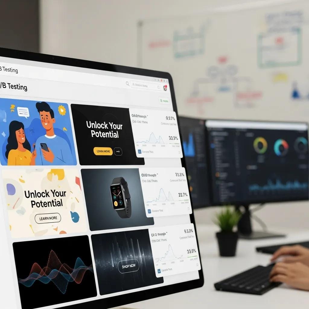 Close-up of a screen showing multiple ad variations under AI testing