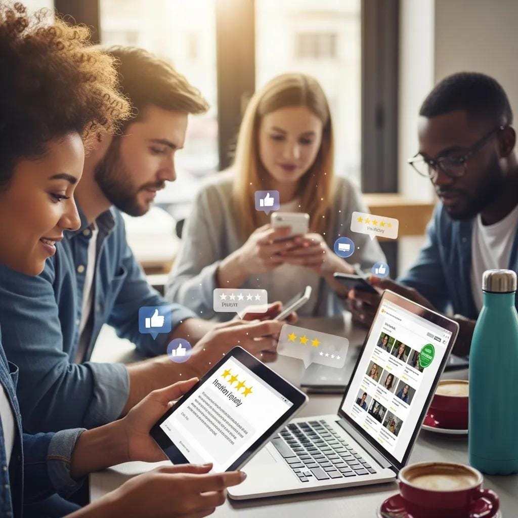 Consumers engaging with online reviews on various devices, showcasing the influence of feedback on buying decisions, with visible star ratings and social media icons.