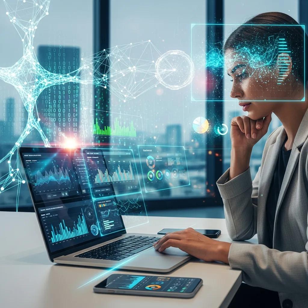 Digital marketing professional analyzing AI predictive analytics data on a laptop in a modern office, with visual data overlays illustrating marketing metrics and trends.