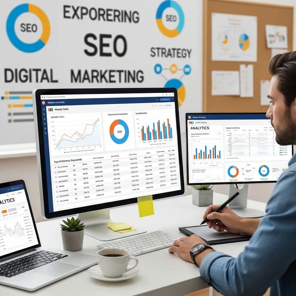 Marketing specialist reviewing AI-driven SEO metrics for local Dade County businesses