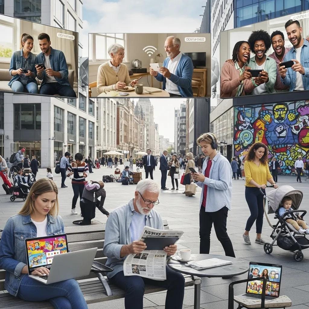 Diverse group of people representing different demographics using digital devices