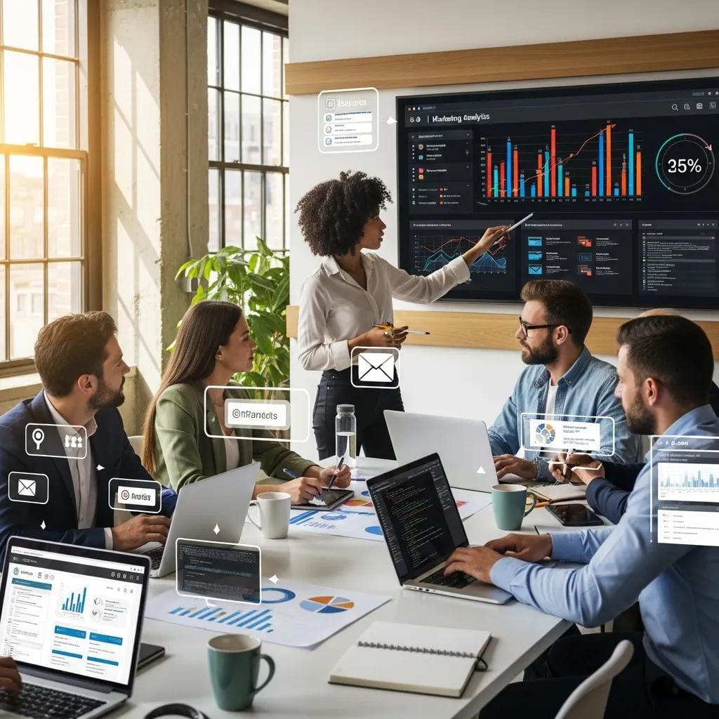 Diverse professionals collaborating in a modern office, analyzing AI digital marketing data on screens, showcasing teamwork and strategy development for local business growth in Broward County.