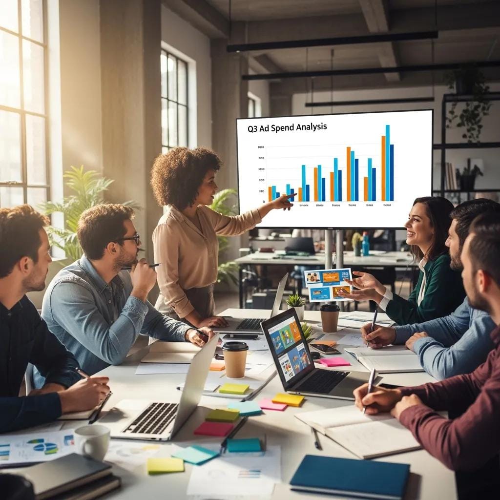 Group of professionals collaborating on advertising strategies in a modern office