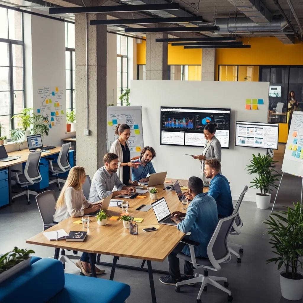 Professionals collaborating in a modern office, discussing AI digital marketing strategies, surrounded by laptops, charts, and digital screens displaying analytics.