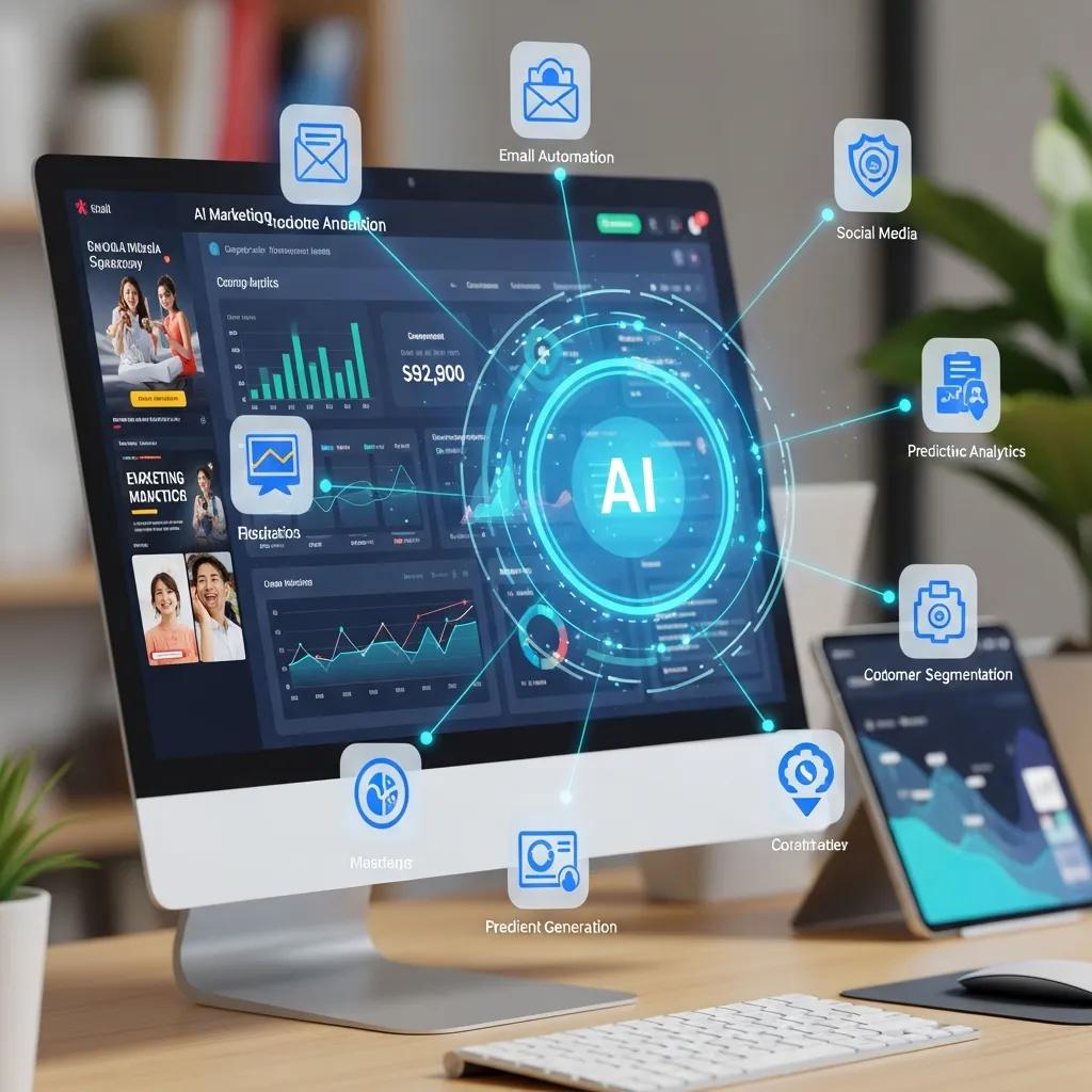 AI marketing automation tools displayed on a computer screen with analytics dashboards