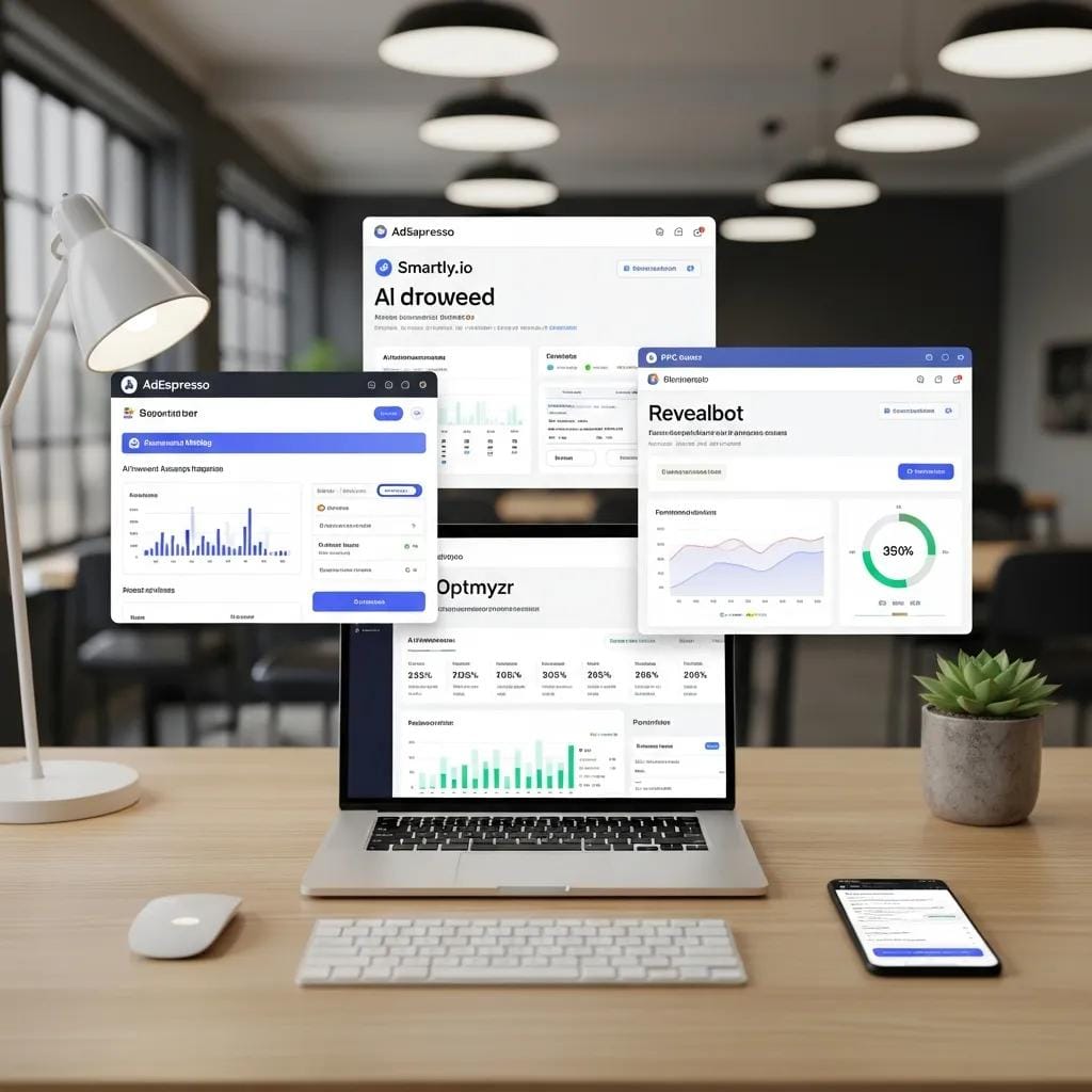 Collection of AI tools for automating Facebook Ads displayed on a computer screen in a modern workspace