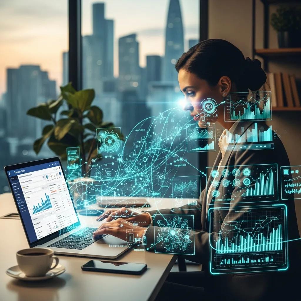 Digital marketing professional analyzing Facebook Ads data with AI technology in a modern office