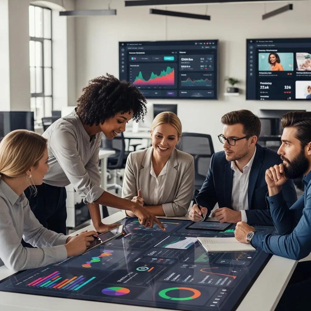 Diverse marketing professionals collaborating in a modern office, showcasing teamwork and digital marketing tools