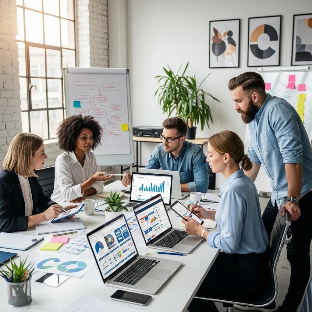 Diverse professionals collaborating on digital marketing strategies in a modern workspace