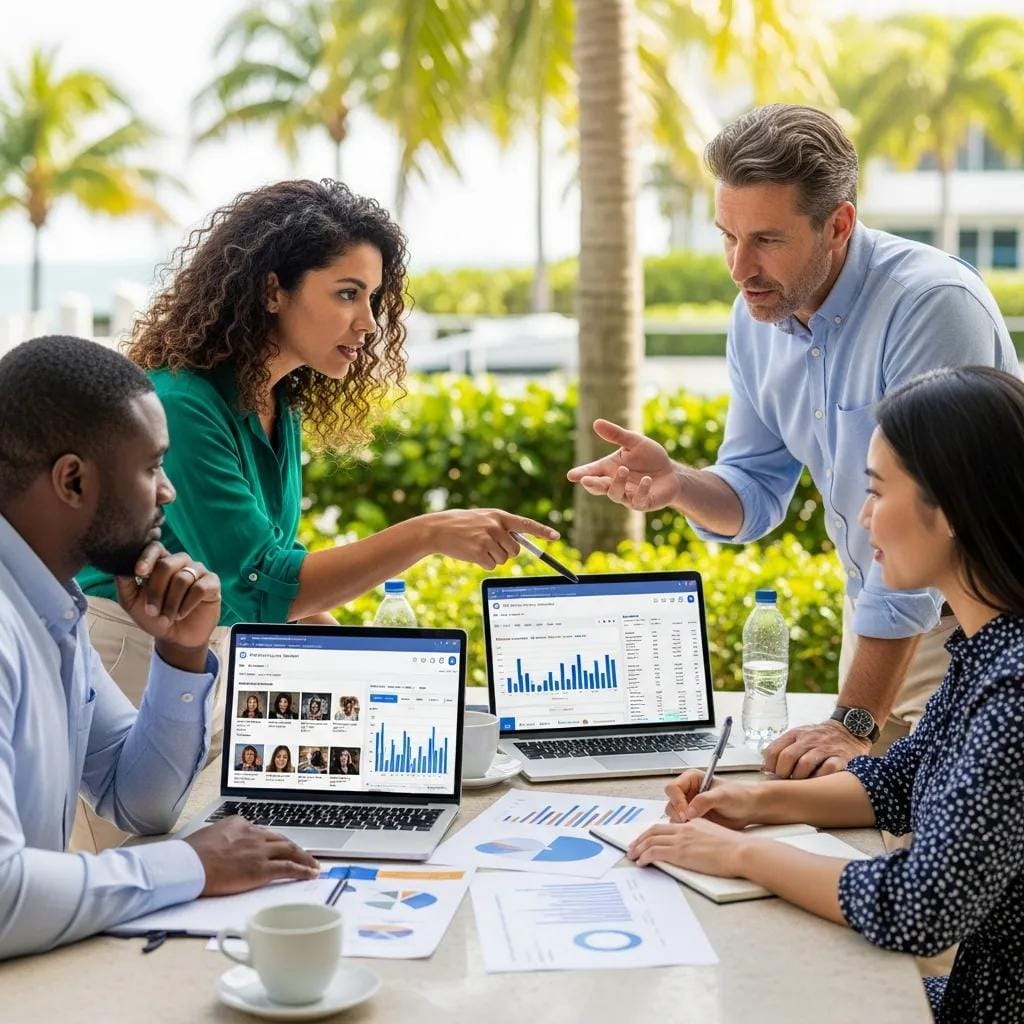 Diverse South Florida business owners discussing advanced AI strategies for Facebook Ads