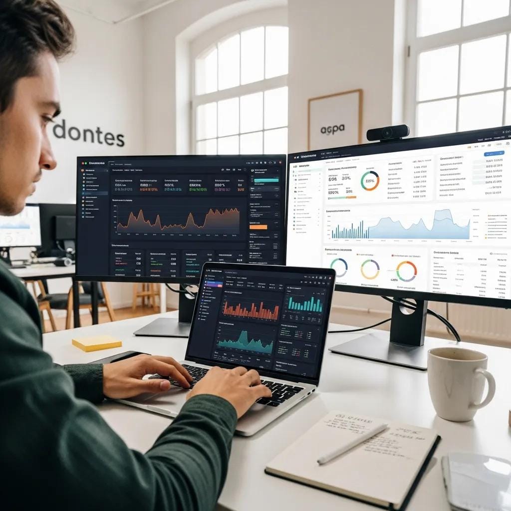 Individual analyzing digital marketing data on a laptop in a modern office