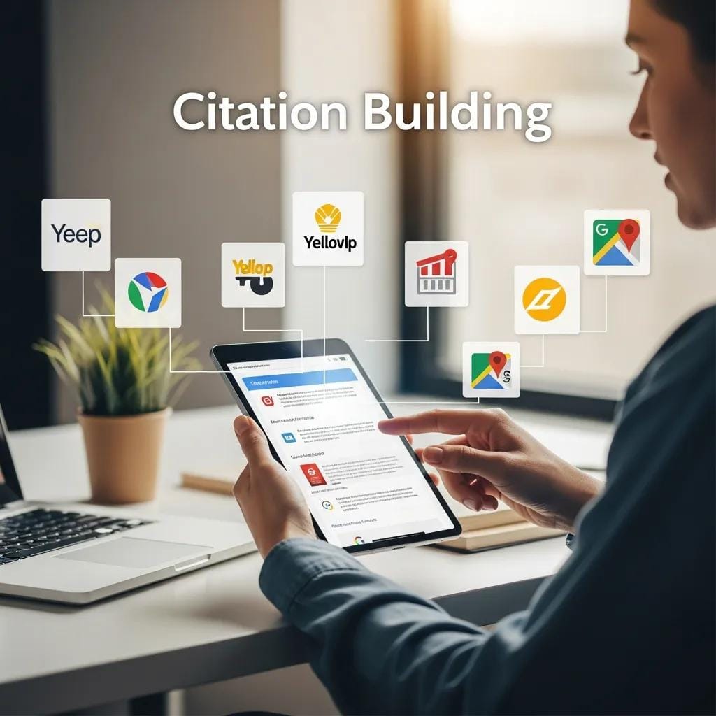 Checking local business citations on a tablet for consistency
