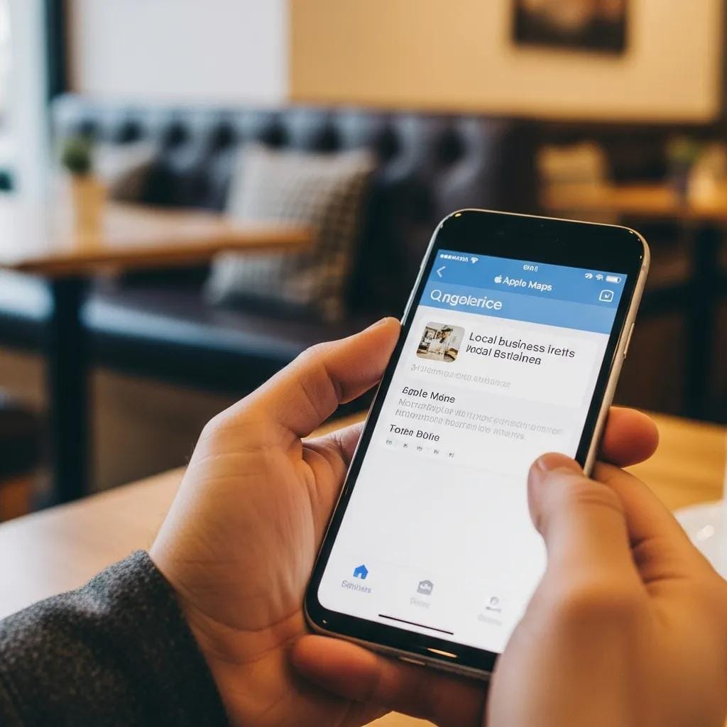 iPhone open to Apple Maps showing a nearby café listing — an example of Apple Maps optimization